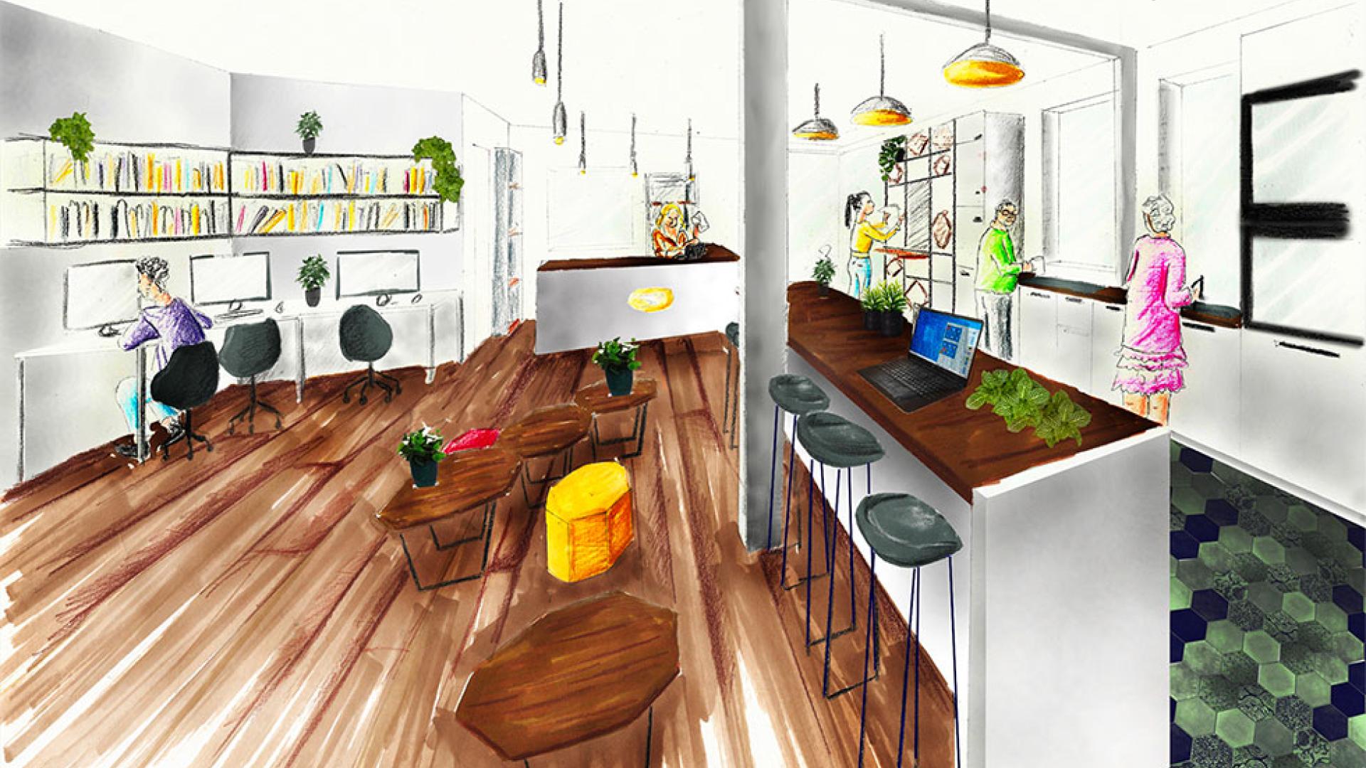 Dessin d'un espace amenagé à l'interieur de la poste