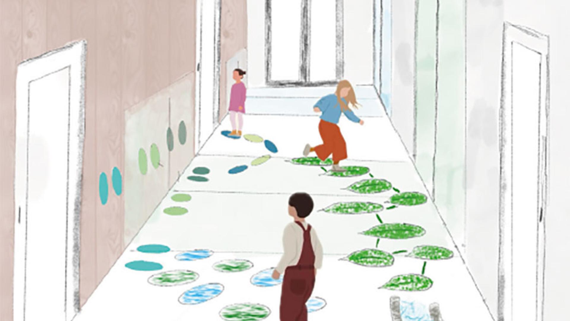 Une marelle dans les couloires d'école pour les enfants