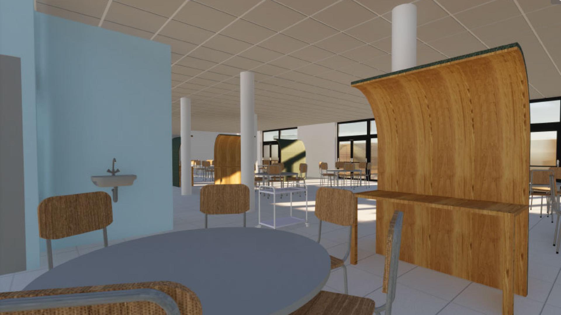 Espace avec des tables pour manger dans une cantine 